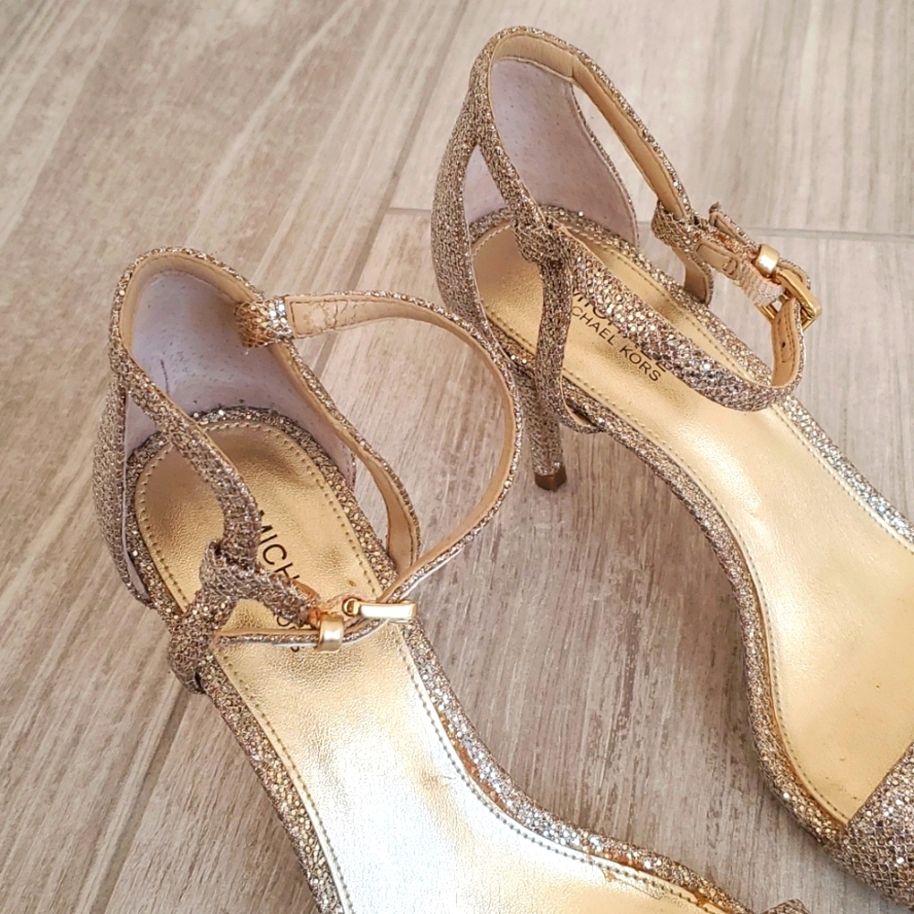 Michael Kors Ava Size Sand Glitter Mid-Heel Sandals Shoes W/Ankle Strap - Picture 14 of 16